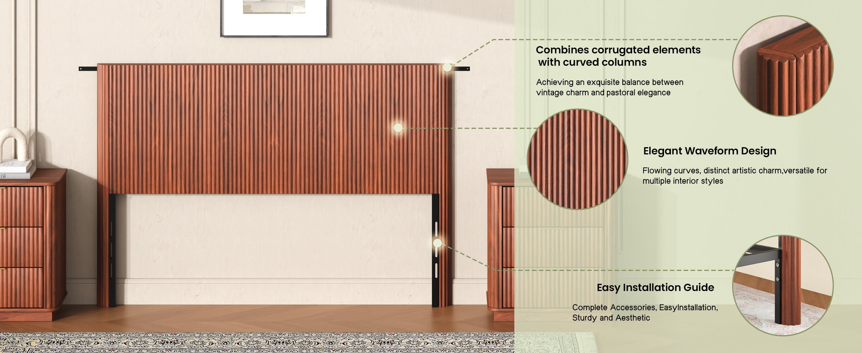 Modern Wooden Headboard with Arched Corrugated Design for Queen Bed, Vertical Grain Wall-Mount Headboard, Farmhouse Style, Easy Install, Walnut