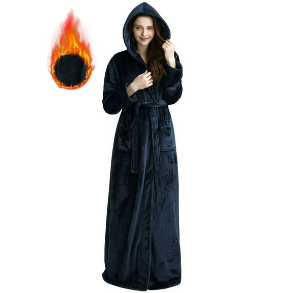 Women's Long Hooded Robe Luxurious Flannel Fleece Bathrobe with Ankle Full Floor Length