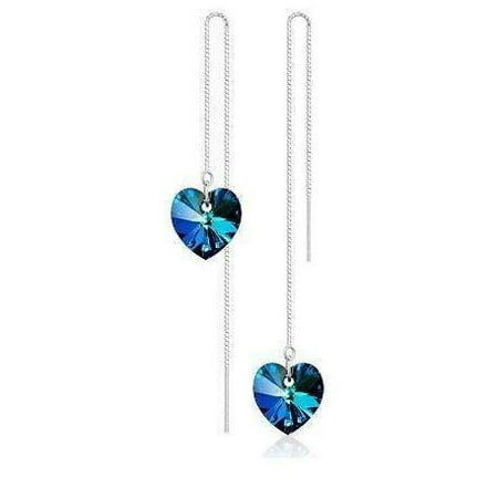 - CLEARANCE - Aqua Blue Austrian Crystal Heart Silver Thread Earrings Aqua