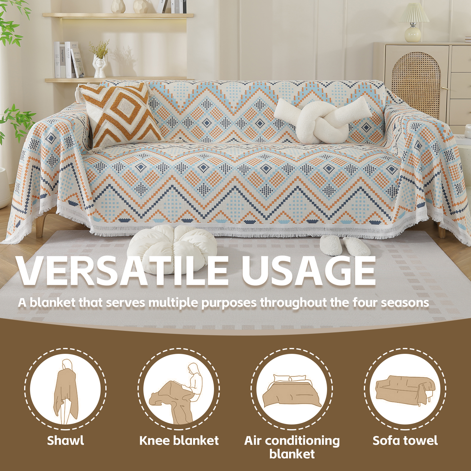 Croniis Boho Sofa Cover with Anti-slip Velcro Tape, Couch Blanket Cover Sectional Sofa Cover for Boho Style, Revitalizing the Old Sofa,Couch Protector,Printing Process 71*150in