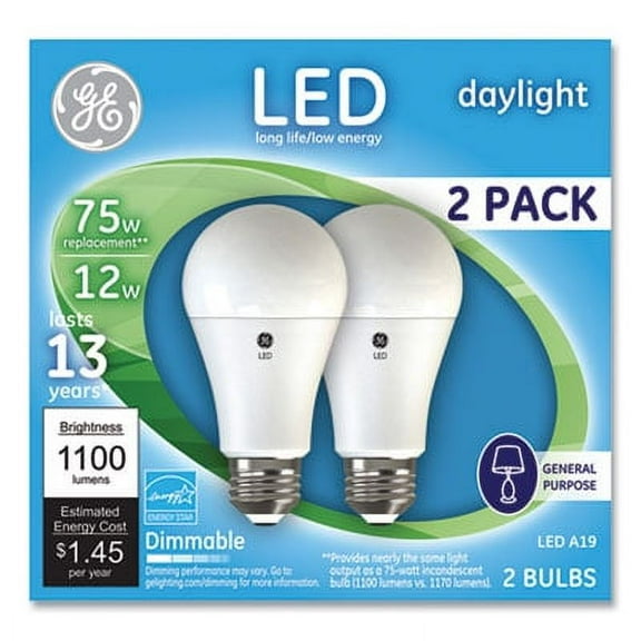 GE 75W LED Bulbs, A19, 12 W, Daylight, 2/Pack 93127670