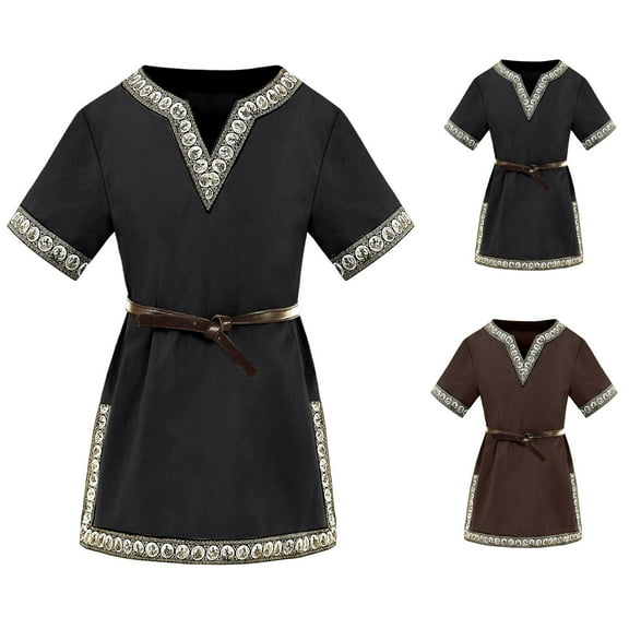 RTKFRFLM Children's Renaissance Vintage Shirt V-Neck Short Sleeve Mid-Length Retro Tunic Top Kids' Pirate Colonial for Halloween & School Plays Soft Breathable Size 5-16