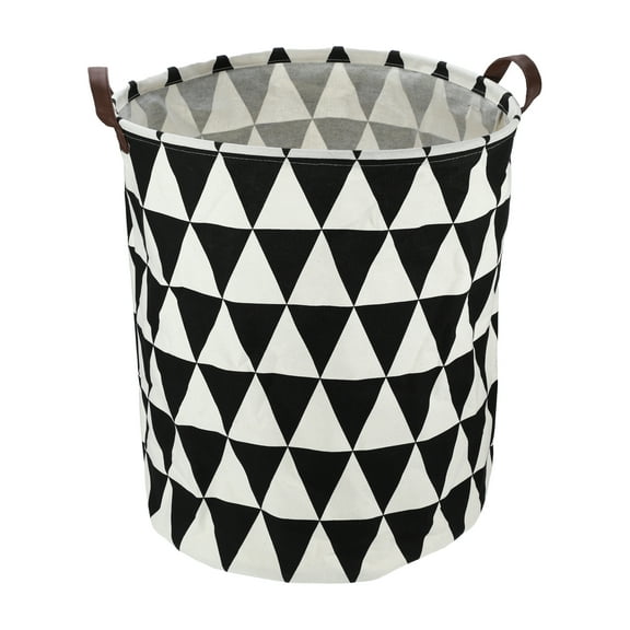 Unique Bargains 1 Pc 60L Foldable Cylindrical Laundry Basket for Laundry Room 19.69"x15.75" Black White Triangle