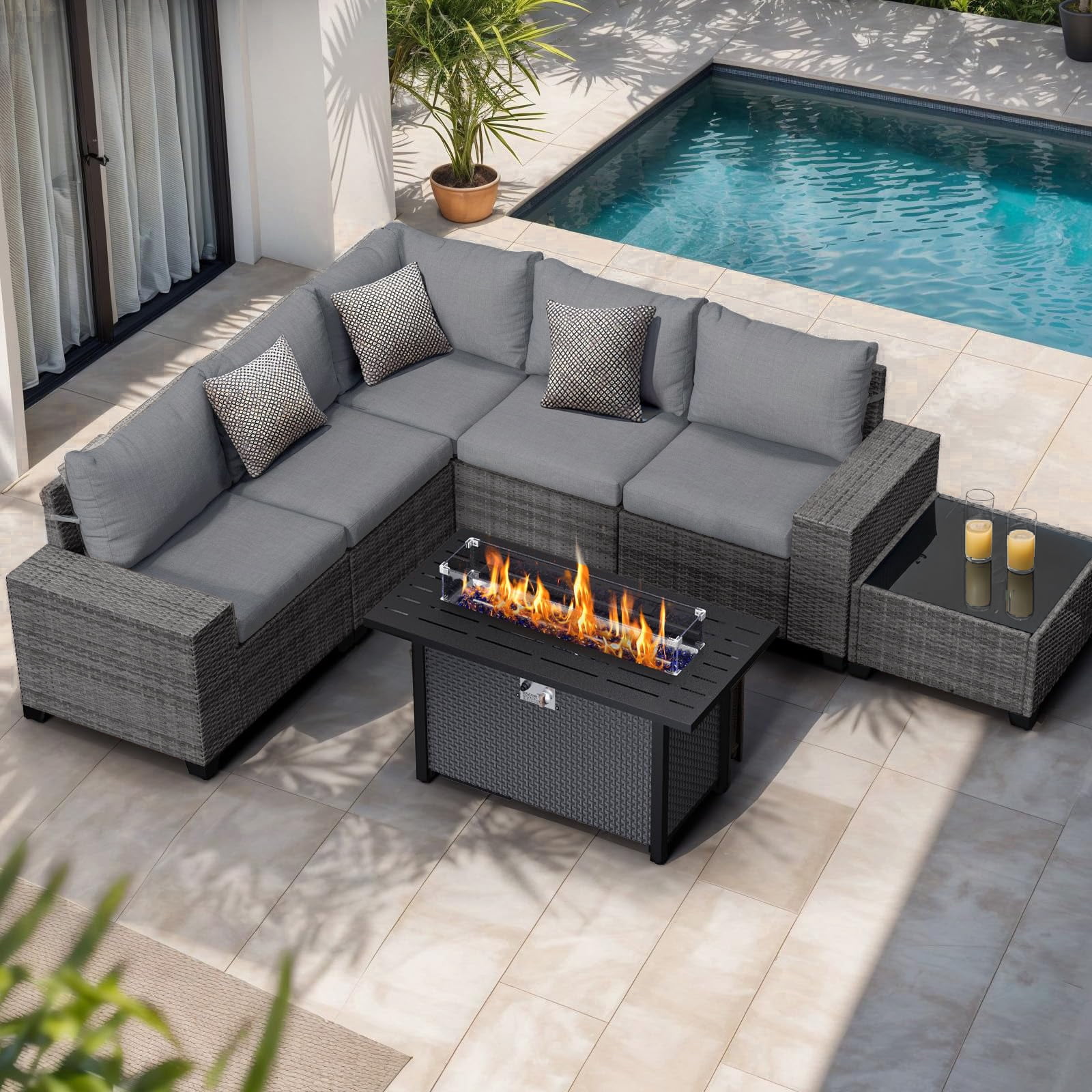 JOIVI 7-Piece Patio Furniture Set with 45" Fire Pit Table, Rattan Outdoor Conversation Set with 50,000 BTU Gas Fire Pit and Coffee Table, Wicker Sectional Sofa Set with Wide Armrest, Gray