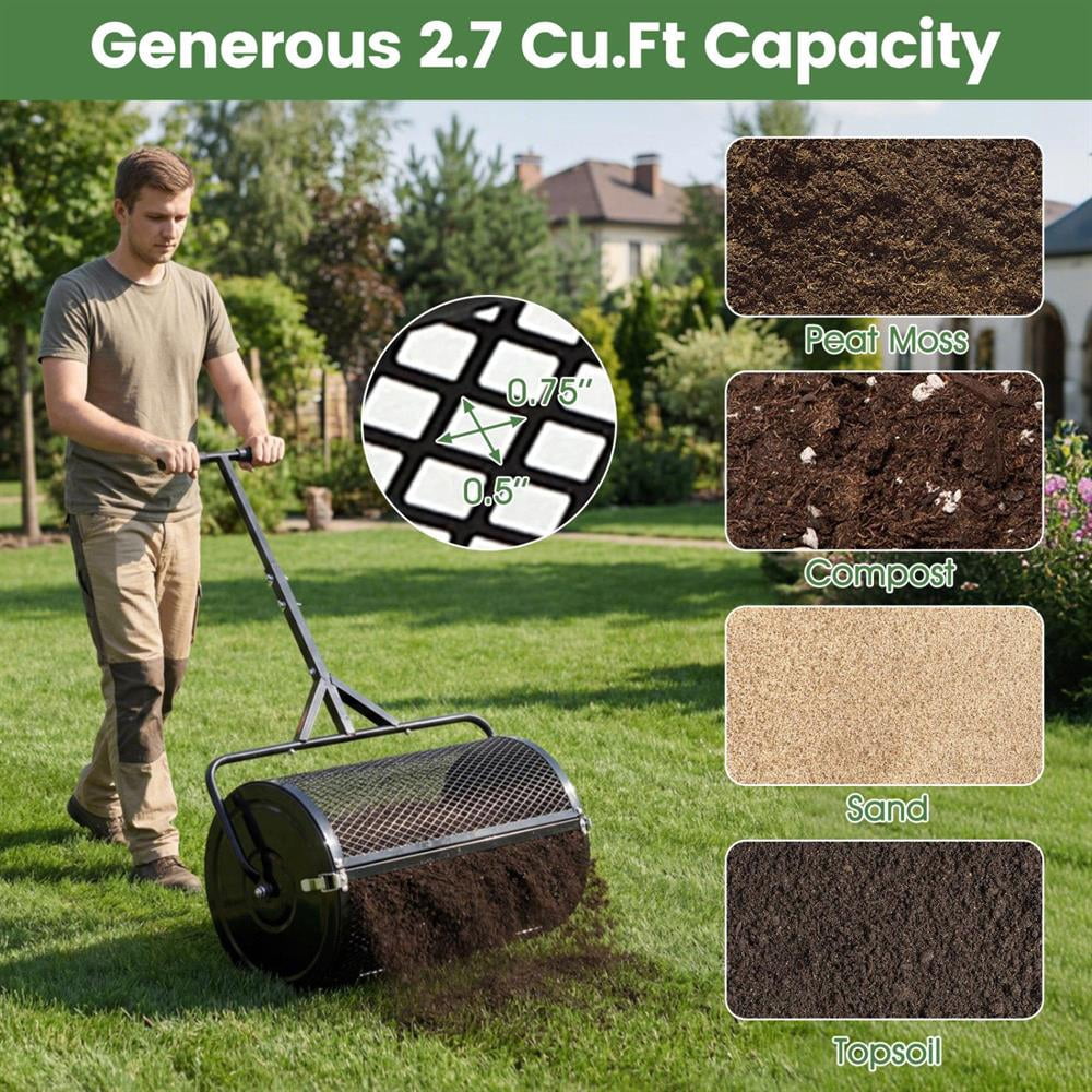 Topcobee 24 Inch Compost Spreader Peat Moss Spreader Roller with Height-Adjustable T-Shaped Handle, Garden Spreaders for Lawns-Black