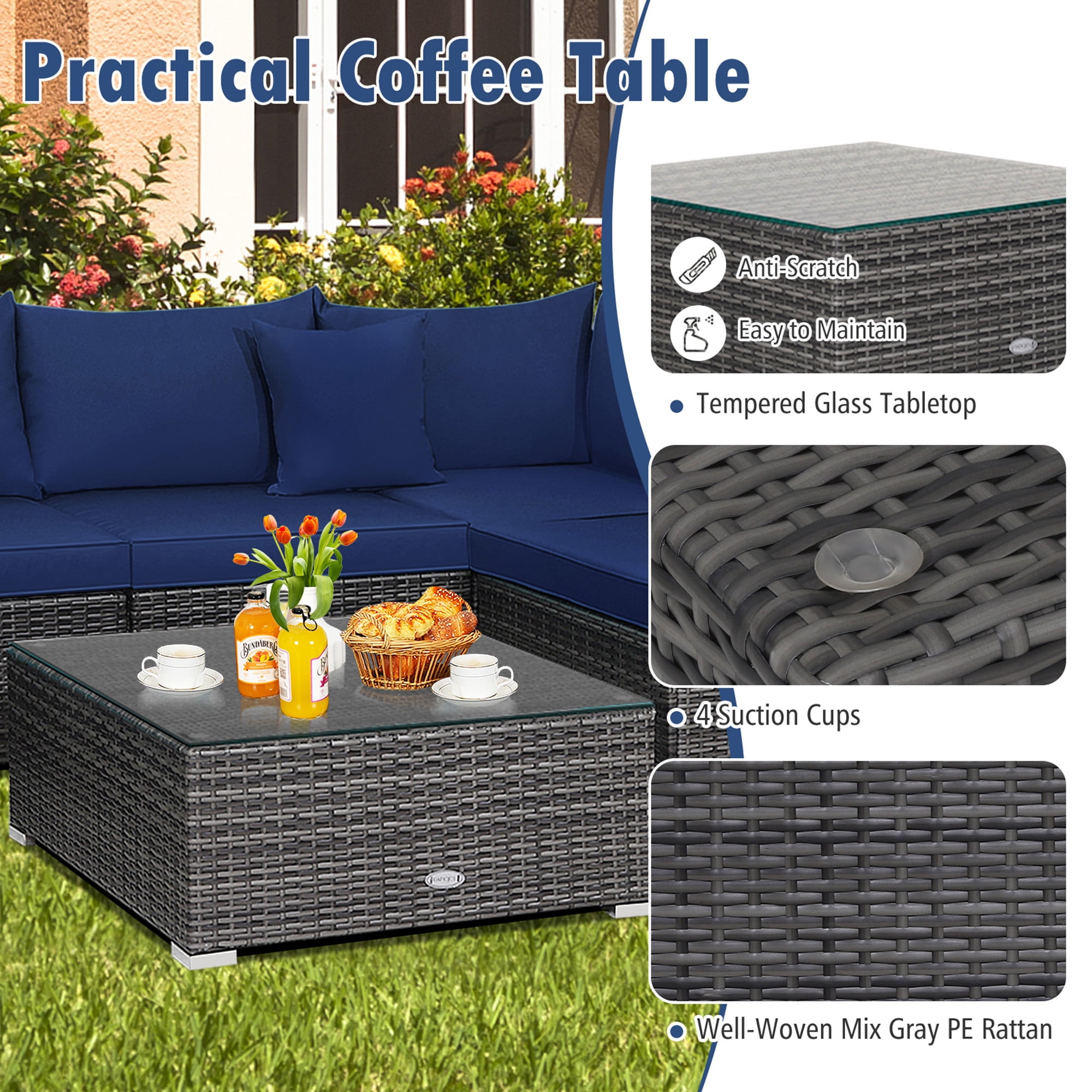 Gymax 7PCS Patio Rattan Sectional Sofa Set Outdoor Furniture Set w/ Navy Cushions