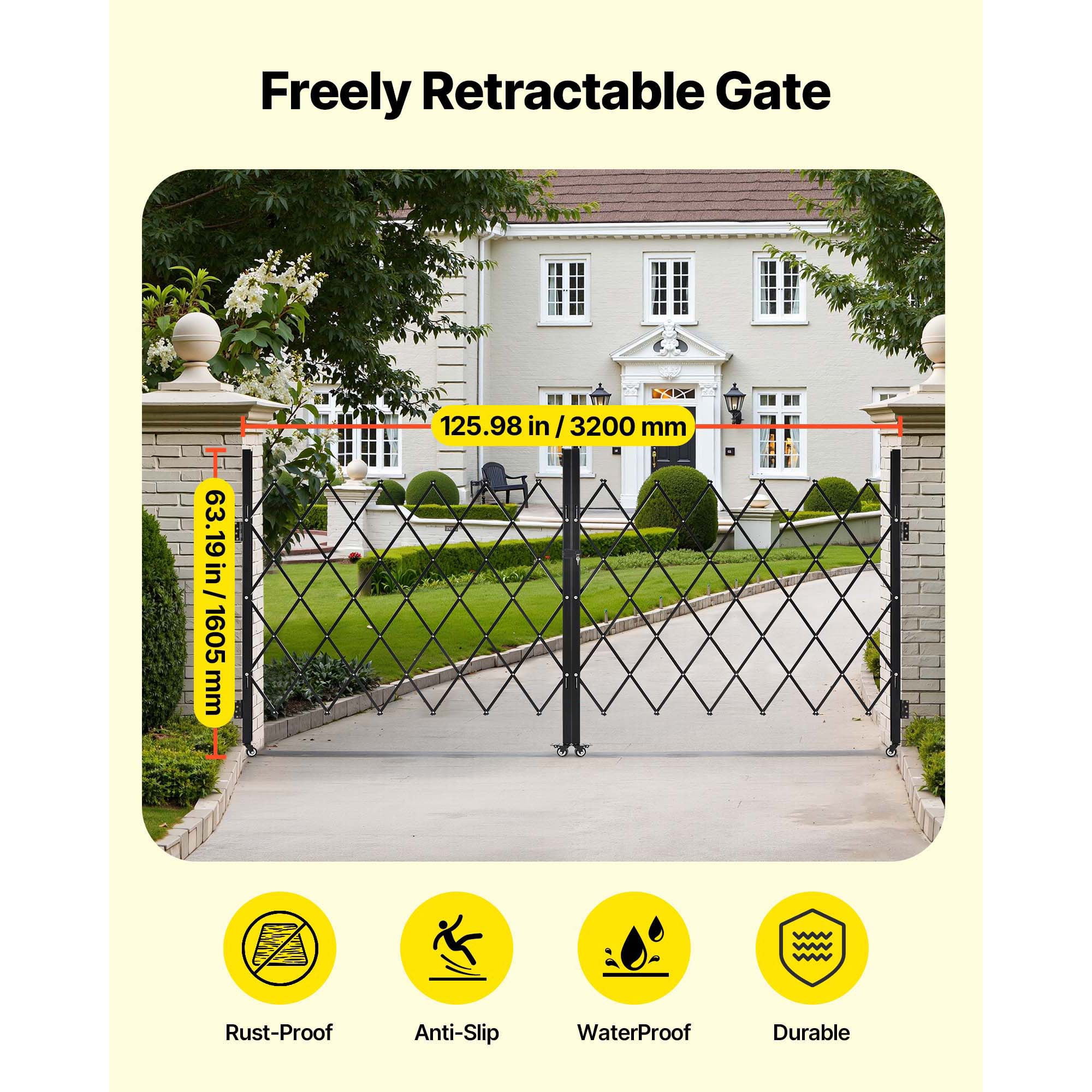 KFFKFF Double Folding Security Gate, Lockable Scissor Gate with Swivel Casters, Steel Retractable Gate for Entry, Garage, Warehouse, and Pool, 125.98 x 63.19 in (W x H)