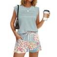 thumbnail image 2 of 2 Piece Short Sets for Women Summer Vacation Outfits Cap Sleeve Tops and Floral Wide Leg Shorts Set, L, 2 of 6