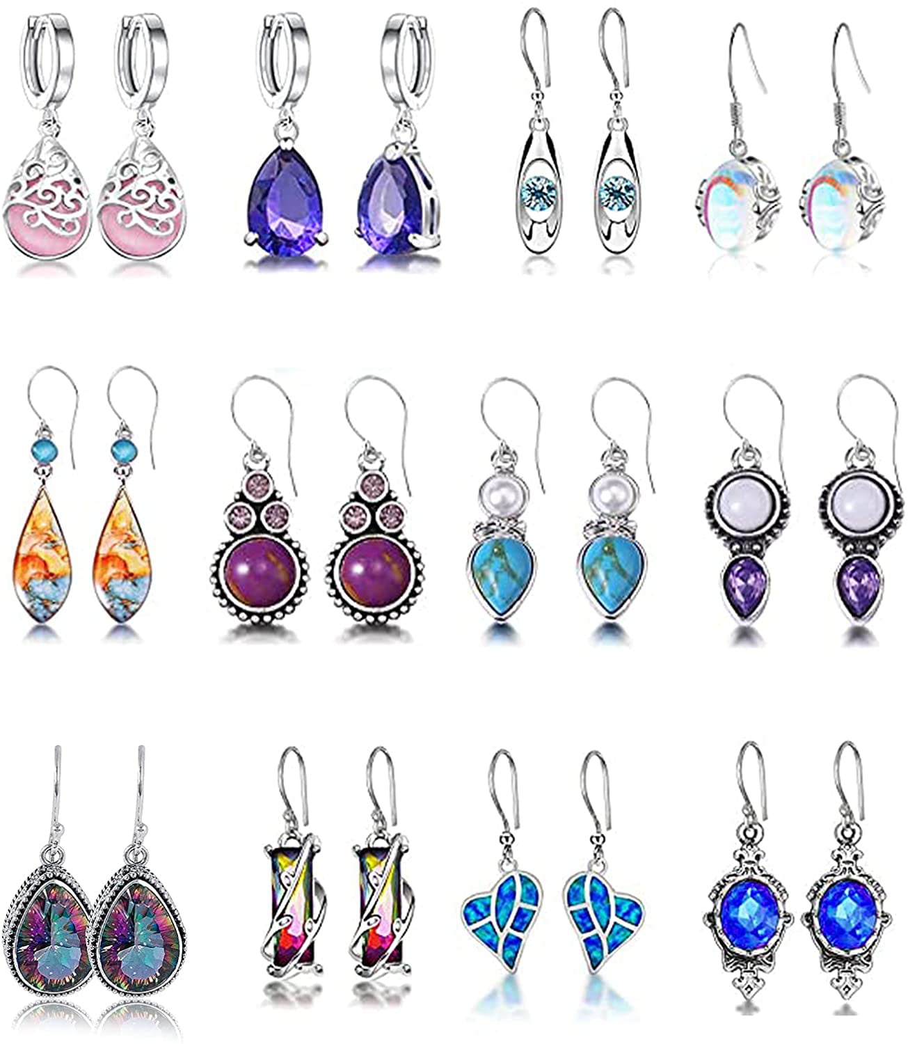 6 Teardrop Charms Silver Assorted Earring Drops Acrylic Bezeled Jewels Pairs 