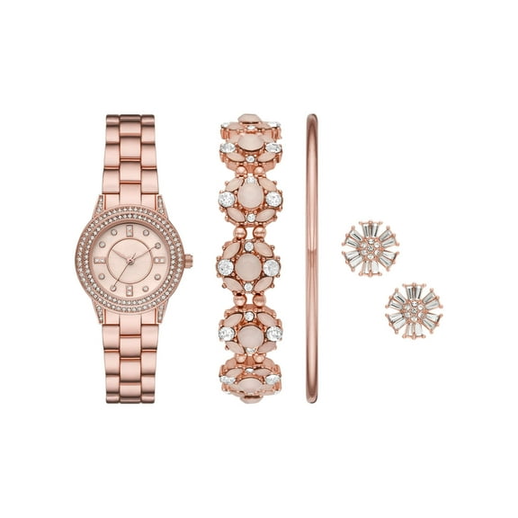 Folio Women's Rose Gold Tone Round Analog Glitz with Layered Bracelets and Earring Gift Set