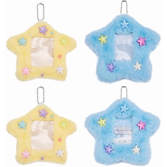 4 soportes para photocards con forma de estrella, con cadena de bolitas, en 2 tamaños (amarillo y azul). Llavero colgante de peluche con colgante para photocards.
