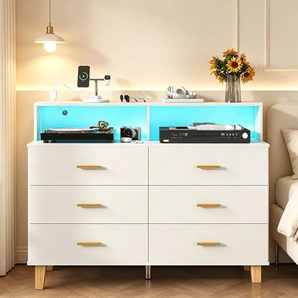 Cómoda Cajonera de 6 Cajones, Cómoda con Luz LED y Toma de Corriente, Almacenamiento para Armario Organizador, Dormitorio, Sala de Estar, Pasillo, Entrada, 120 * 40 * 93cm (Blanco)