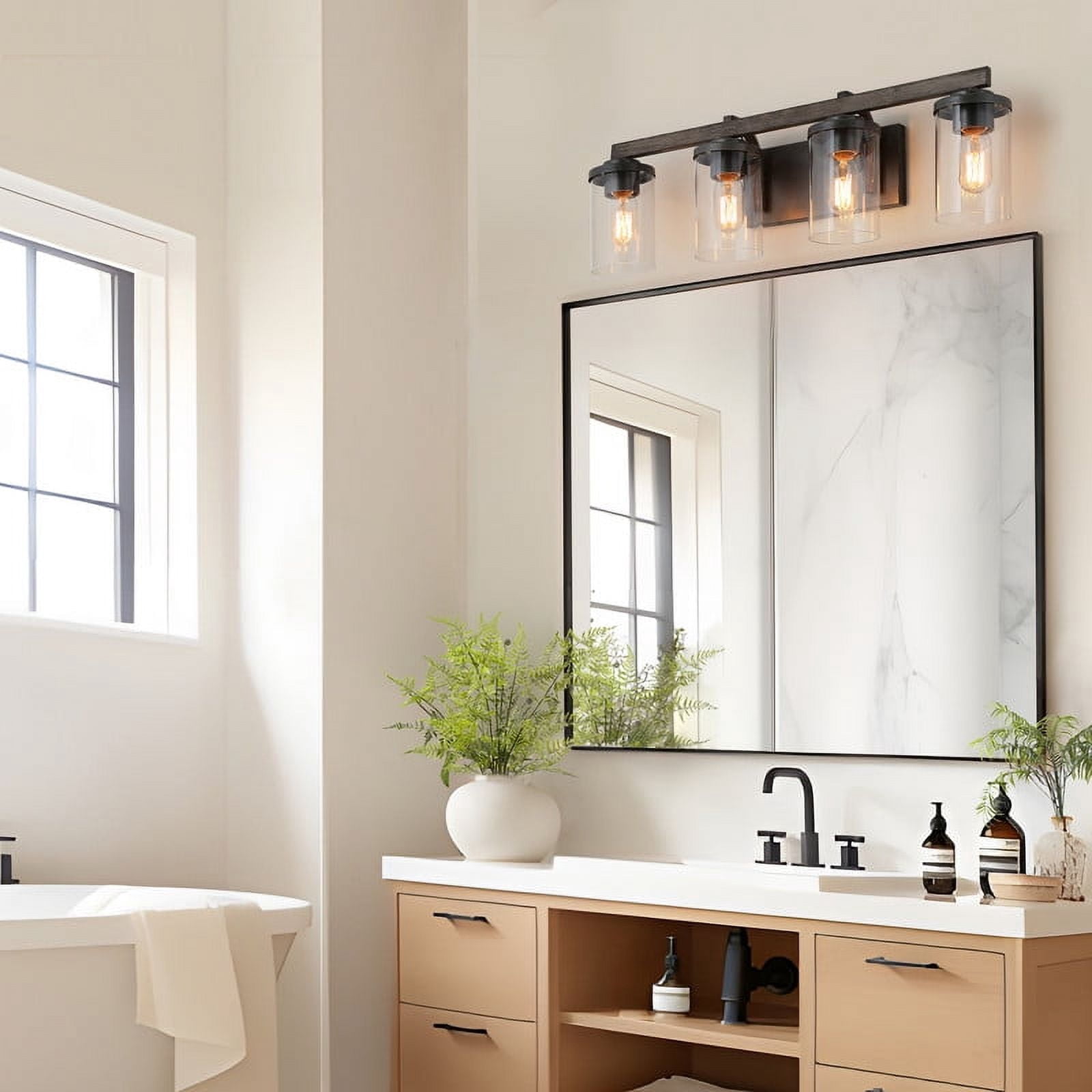 LNC 4-Light Black Cylinder Clear Glass Modern Farmhouse Wood Tone Bathroom Vanity Light