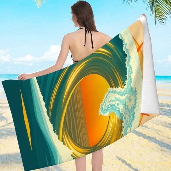 RKSupls Heart Wave Sunset Microfiber Beach Towel, Extra Large Quick Dry Lightweight Towel for Travel Swimming Camping, Soft Super Absorbent- 55.1x27.6in