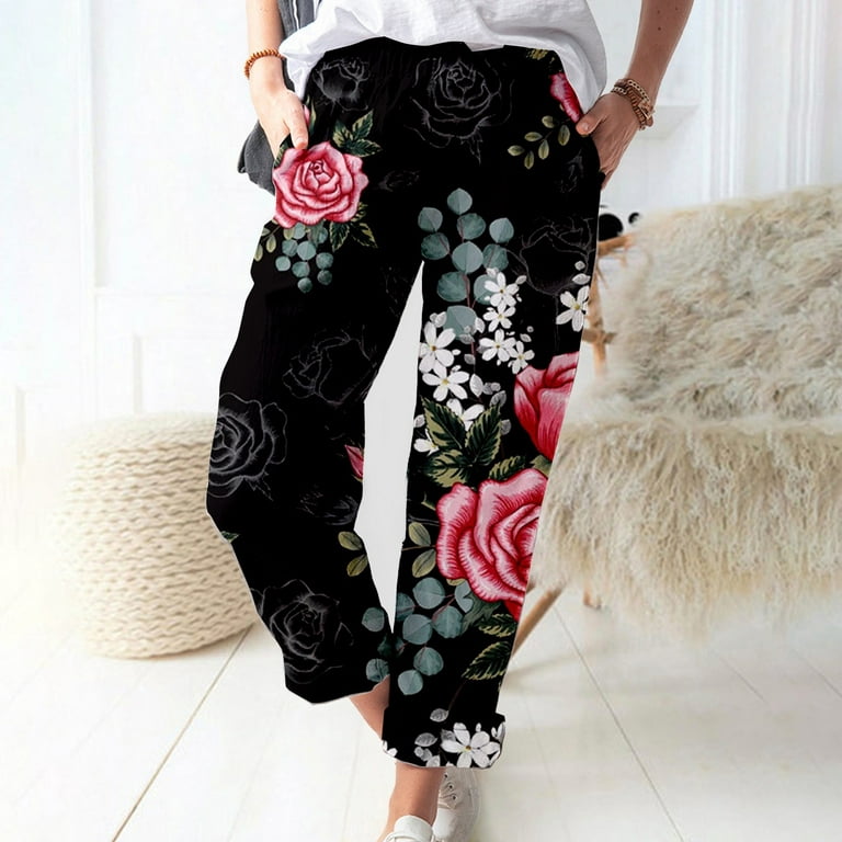PMUYBHF Baggy Sweatpants for Women Tall Women's Printed Cotton and Linen  Pockets Casual Fashion Pants Women Fashion Workout Leggings for Women with  Pockets Black Sweatpants Women Baggy 