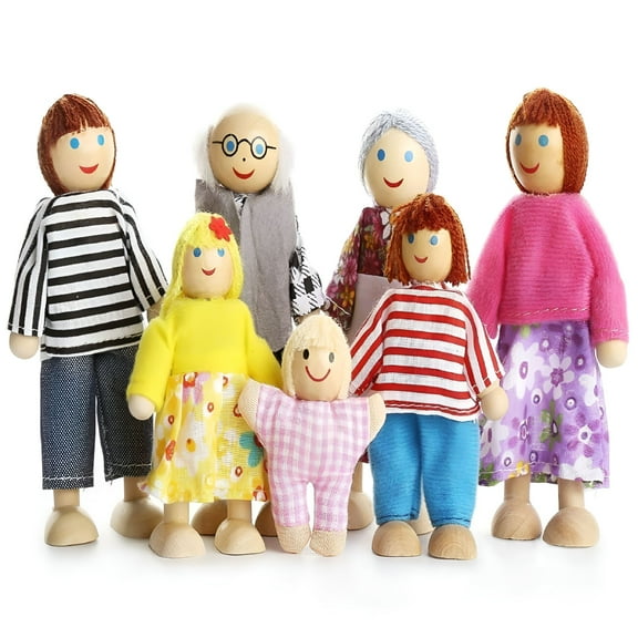 BESTSKY 7 Pcs Kids Wooden Toys Set Happy Dollhouse Family Dolls Figures Dressed Characters Girls Pretend Play Toys