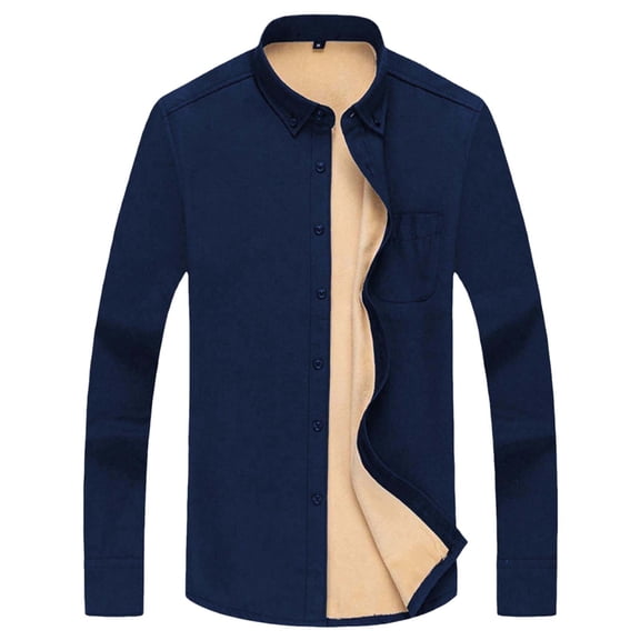 ZCFZJW Mens Casual Button Down Fleece Lined Shirts Casual Fall Winter Long Sleeve Sherpa Thick Warm Thermal Shirts with Pockets Navy XL