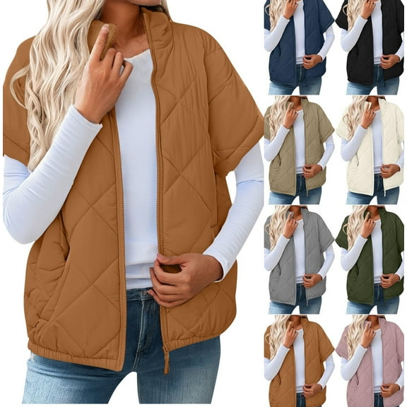 Gamivast Short Sleeve Quilted Vest for Women Lightweight Fall Zip Stand Collar Padded Jackets with Pockets Work Casual Elastic Hem Coats Loose Basic Solid Color Outerwear