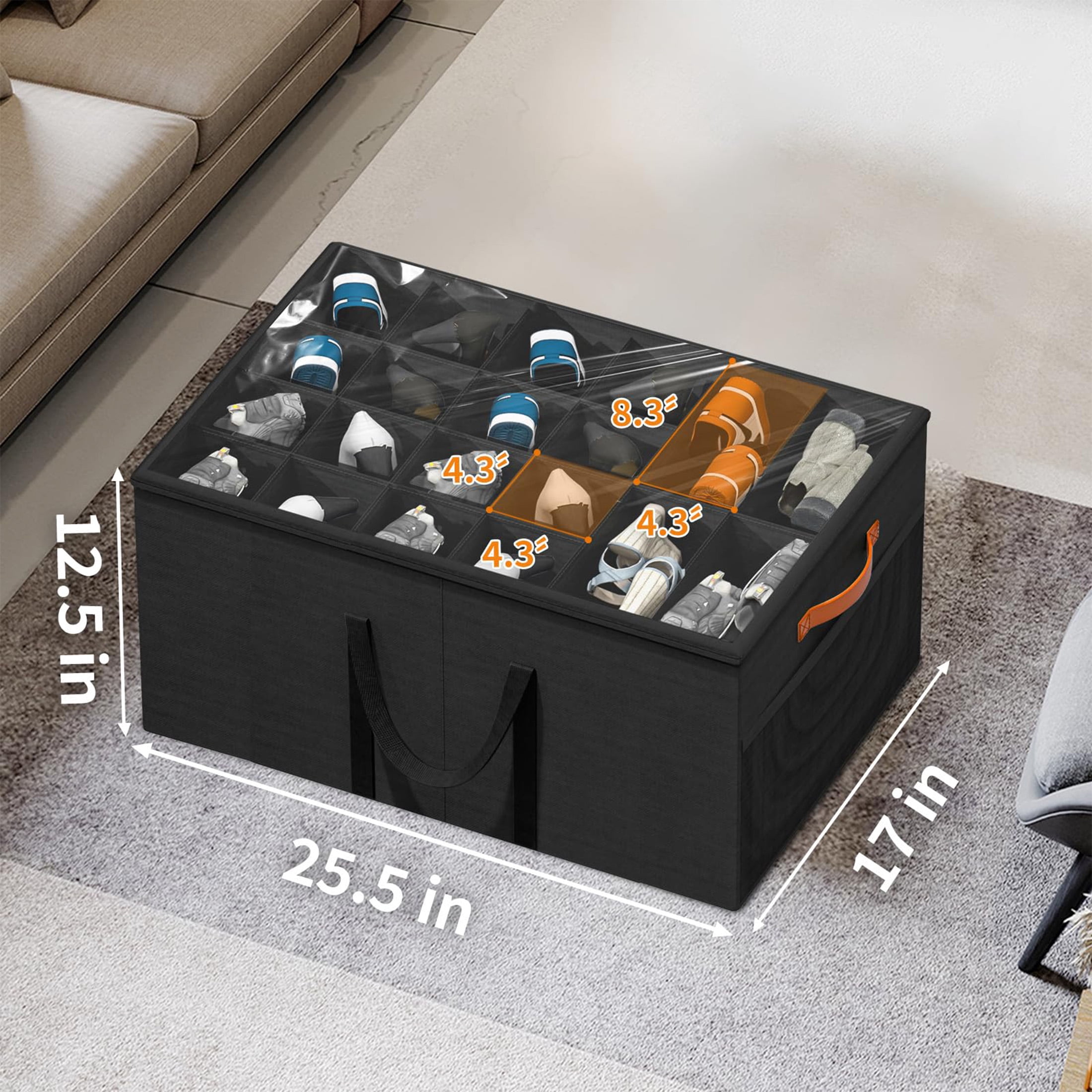 Aokeyee Shoe Shelf, 2 Pack Large Shoe Storage Box Fits up to 24-48 Pairs Foldable with Clear Cover and 4 Reinforced Handles, Black