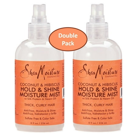 Shea Moisture Coconut Hibiscus Hold & Shine Daily Moisture Mist w/ Silk protein & Neem Oil 8 oz - Thick, Curly Hair - Sulfate Free & Color Safe- Value Double Pack - Qty of 2 (Best Hair Products For Thick Curly Hair)