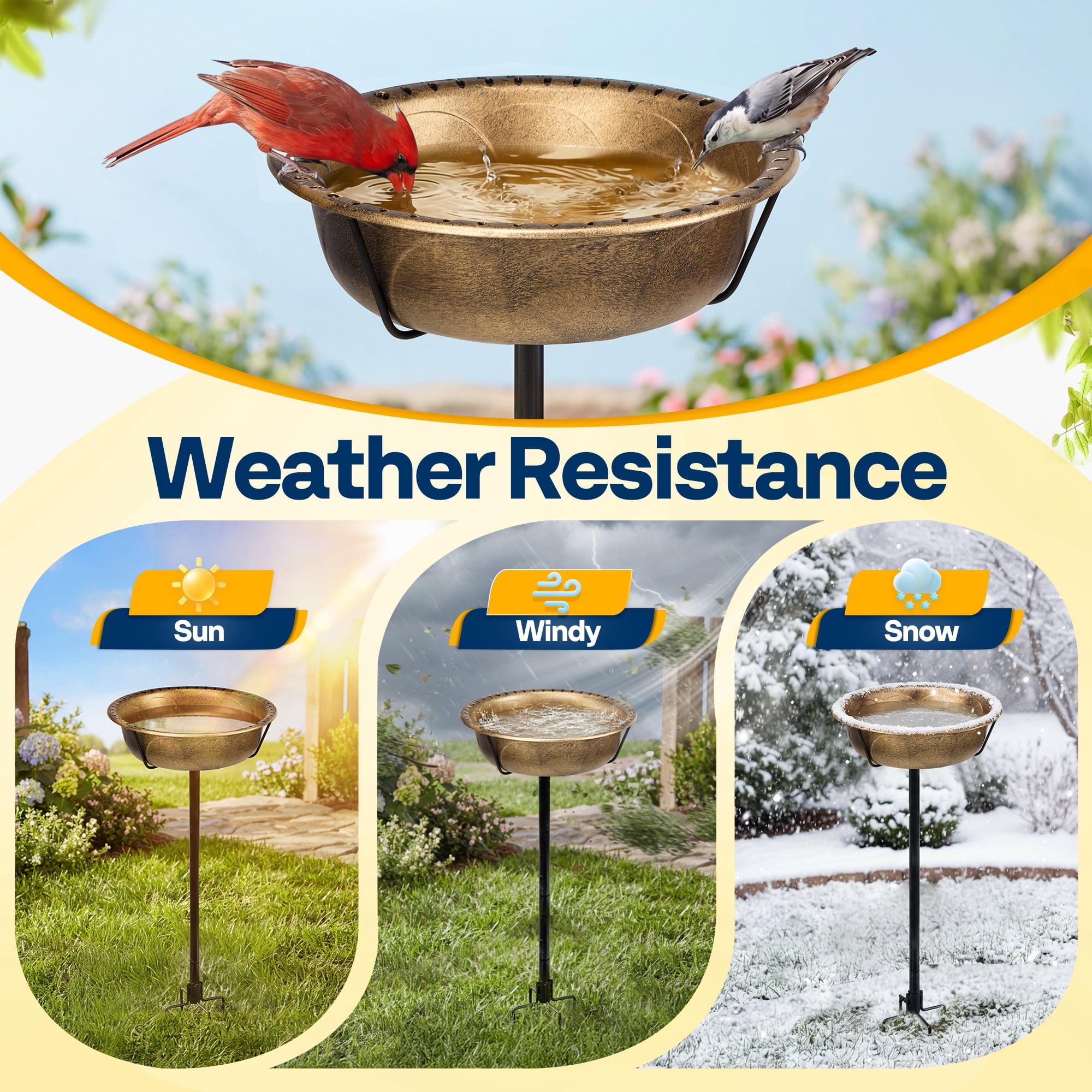 SPECSTAR Bird Bath for Outside, Outdoor 13'' Birdbath Bowl with Metal Ground Stake, Weather-Resistant ABS Bird Bath and Feeder for Garden, 1.45 Gallons, Copper