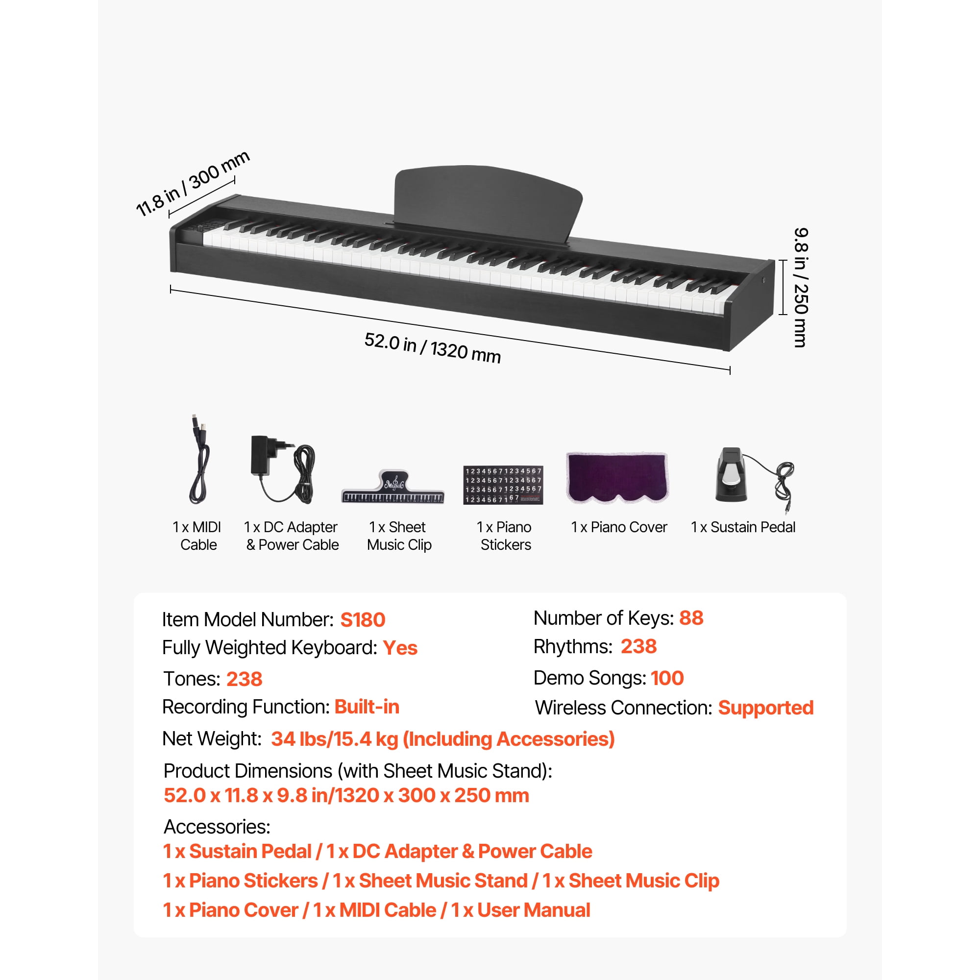 KFFKFF 88-Key Weighted Digital Piano with Recording, Sustain Pedal, Dual Keyboard, Wireless Connectivity, Built-in Speakers, 238 Tones, Ideal for Beginners, Stand Not Included