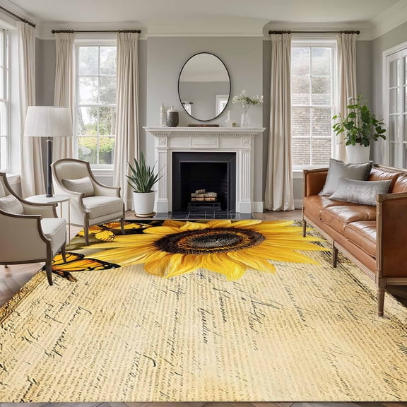 5'x7' Area Rugs, Sunflower Indoor Outdoor Area Rug for Living Room Bedroom, Butterfly Spring Floral Vintage Washable Bathroom Rugs Kitchen Floor Carpet Mats Home Decor Aesthetic
