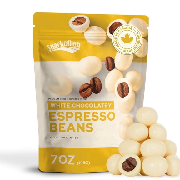 Snackathon White Chocolatey Covered Espresso Beans, 7 oz Resealable Snack Pack, Gourmet Chocolatey Covered Coffee Beans, Smooth Coffee Candy Treat