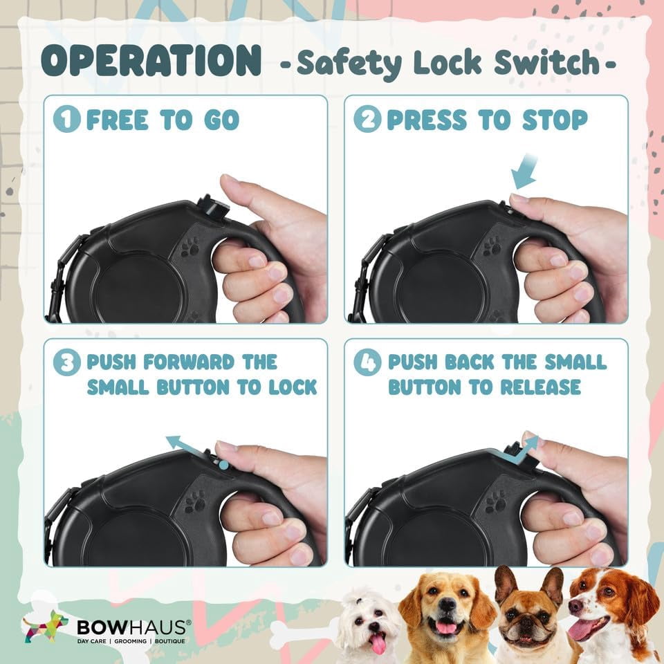 BOWHAUS Heavy Duty Retractable Dog Leash with One-Handed Brake, Pause, Lock, No Noise Pet Walking Leash for Tangle-Free Dog Walking, Not Easy to Jam, with Non-Slip Handle