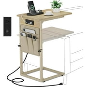 C Shaped End Table with Charging Station Adjustable Height Side Table for Couch Small Sofa Table with Storage Bag Slide Under Sofa TV Tray Snack Arm Tables for Living Room Bedroom Br