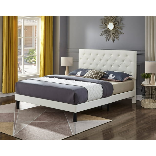 White PU Leather Bed w Adjustable Headboard w Button Tufting - Full