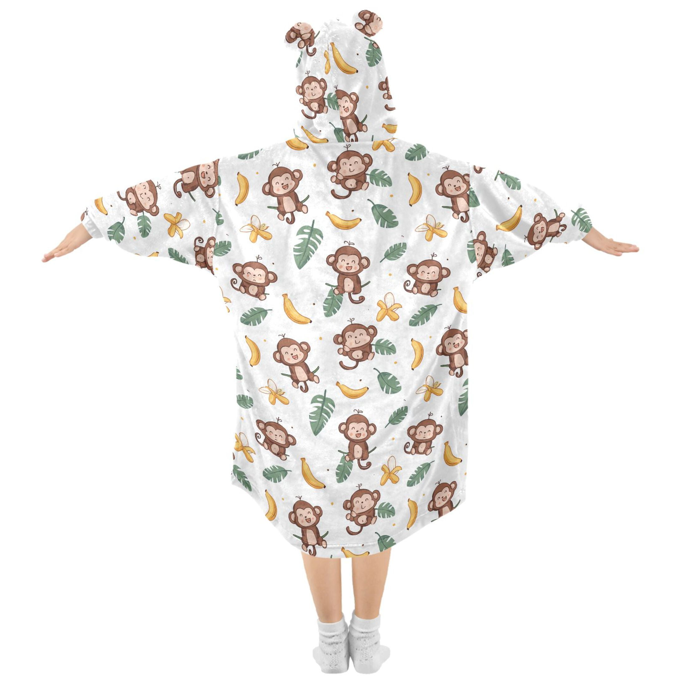 Wearable Blanket Hoodie for Kids Cartoon Monkey Flannel Hooded Blanket with Pockets and Sleeves Suitable for Boys and Girls