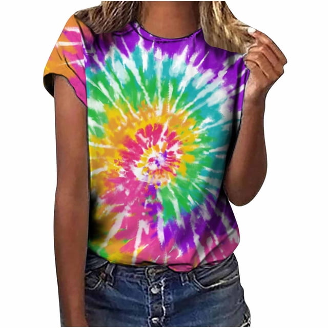 Blusa de manga corta con cuello redondo para mujer con estampado de teñido anudado Pompotops hkajfhjk460393