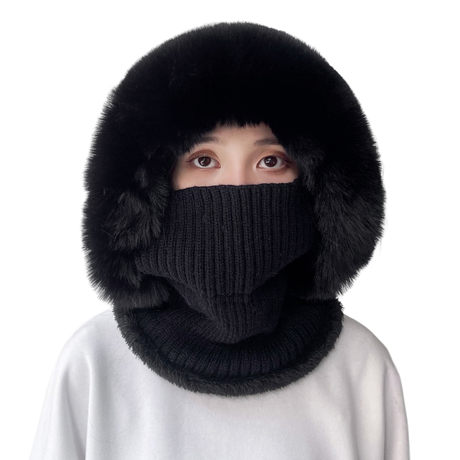 AYYUFE Knitted Hat Multipurpose Pompom Plush Ears Protection Solid Color Autumn Winter Women Face Cover Neck Gaiter Warmer Beanie Cap for Ski