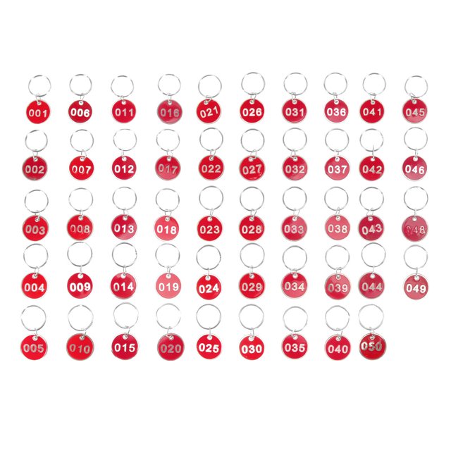 Miangastore 50Pcs Aluminium Alloy Storage Tags Metal Numbers Plates Luggage ID Tags Key Ring Labels(Red, Number 1-50)
