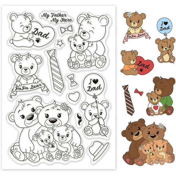 Lovely Bear Silicone Clear Stamps Father's Day Family Transparent Stamps for Holiday Greeting Cards Diary Joural Making DIY Scrapbooking Photo Album Decoration Paper Craft 4.3x6.3 Inch