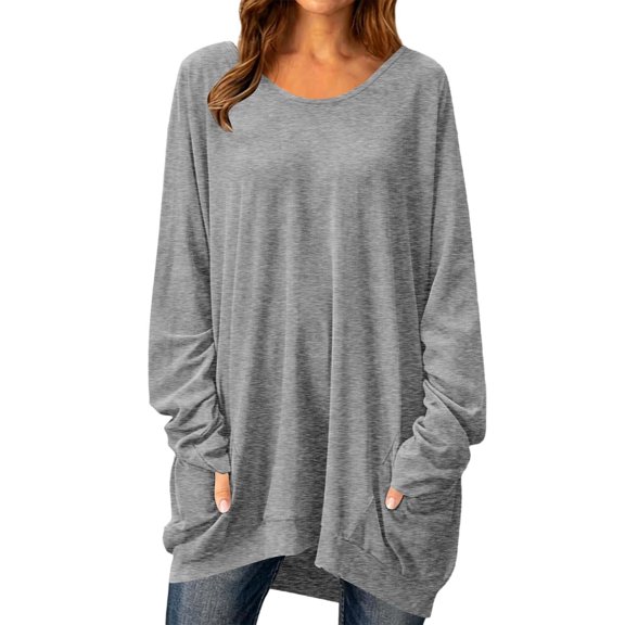 Nowekniz Women Crewneck Long Sleeve Tops, Lightweight Loose Sweatshirt Tunic Shirts with Pockets, Soft Casual Blouses Matching Leggings, Fashionable Fall Daily Wear Outfits