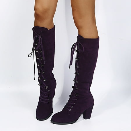 

NECHOLOGY Womens Wide Calf Riding Boots Size 8 Lace Casual Retro Up Fashion Vintage Narrow Calf Leather Boots for Women Purple 8.5