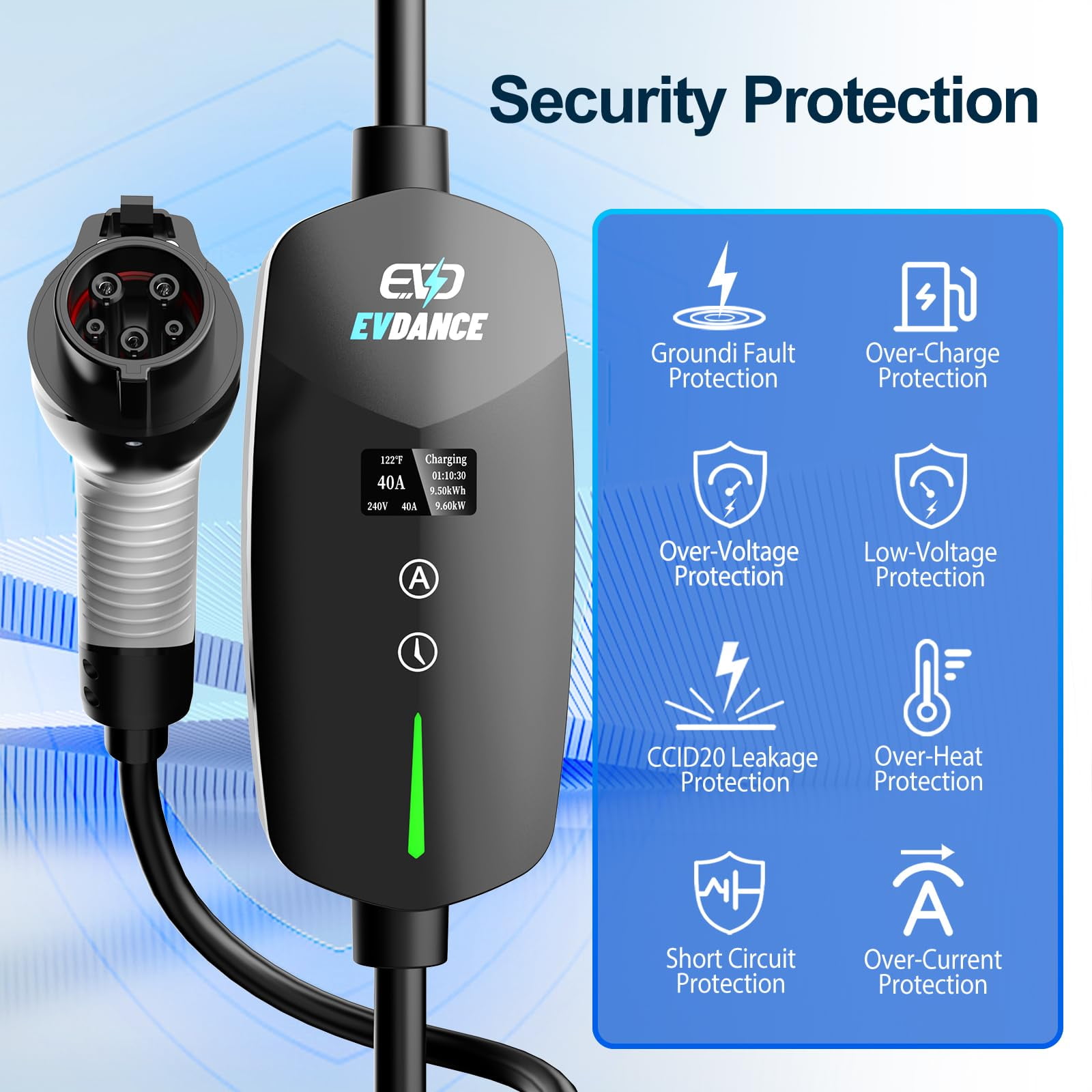 Level 2 EV Charger, 40A/9.6KW Portable & Home Electric Vehicle Charging Stations with 25ft Charging Cable, NEMA 14-50 Plug, Adjustable Current & Timing Delay, EV Charger Compatible with All J1772 EVs