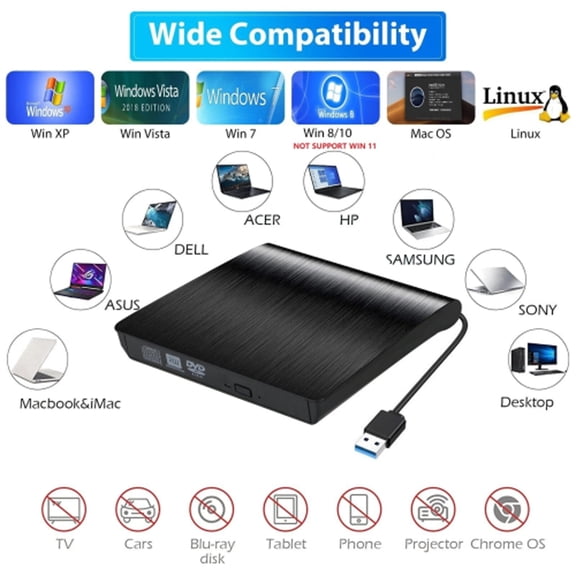 FFORCE External DVD Drive USB 3.0 Type-C CD/DVD RW Drive Compact Portable Disc Player Writer for Windows Mac Laptop, Black