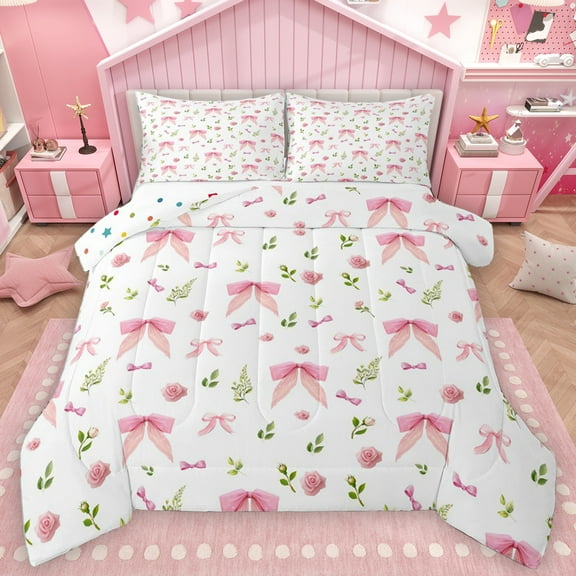 Homewish Ribbon Bowtie Bowknot Bedding Comforter Set,Cute Flower Floral Twin Comforter Sets,Pink White Green Bedding Set For Girls,Ultra Soft Home Decor Reversible,2 Pieces