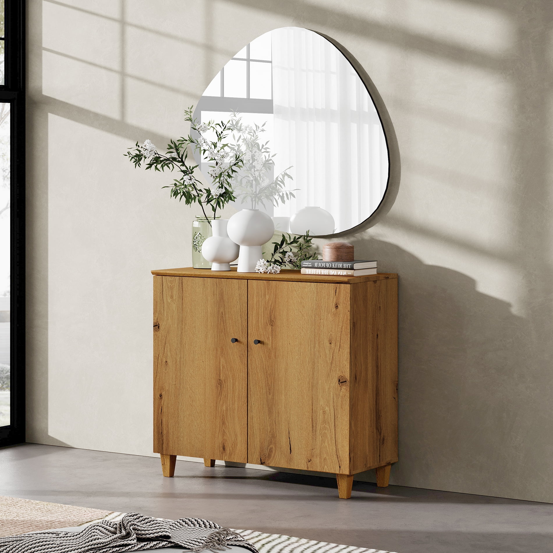 Small Dresser Cabinets with 3 Compartments for Bedroom, 35.4 Inches Wide Modern Wood Dresser Chest with Doors, Oak Brown