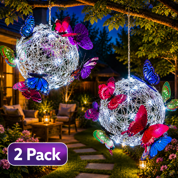 PEUHOP 2 Pack Butterfly Solar Lanterns Outdoor Waterproof, Hanging Solar Lights with White LED for Garden Decor, Yard, Patio, Pathway and Porch