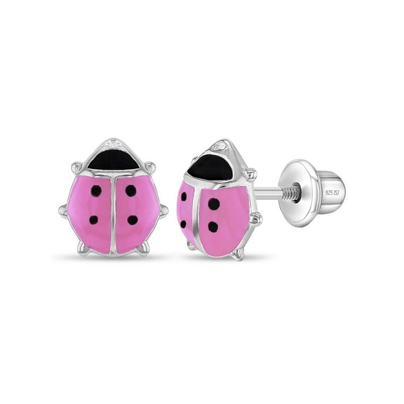 925 Sterling Silver Girls Enamel Ladybug Earrings with Safety Screw Back Toddler
