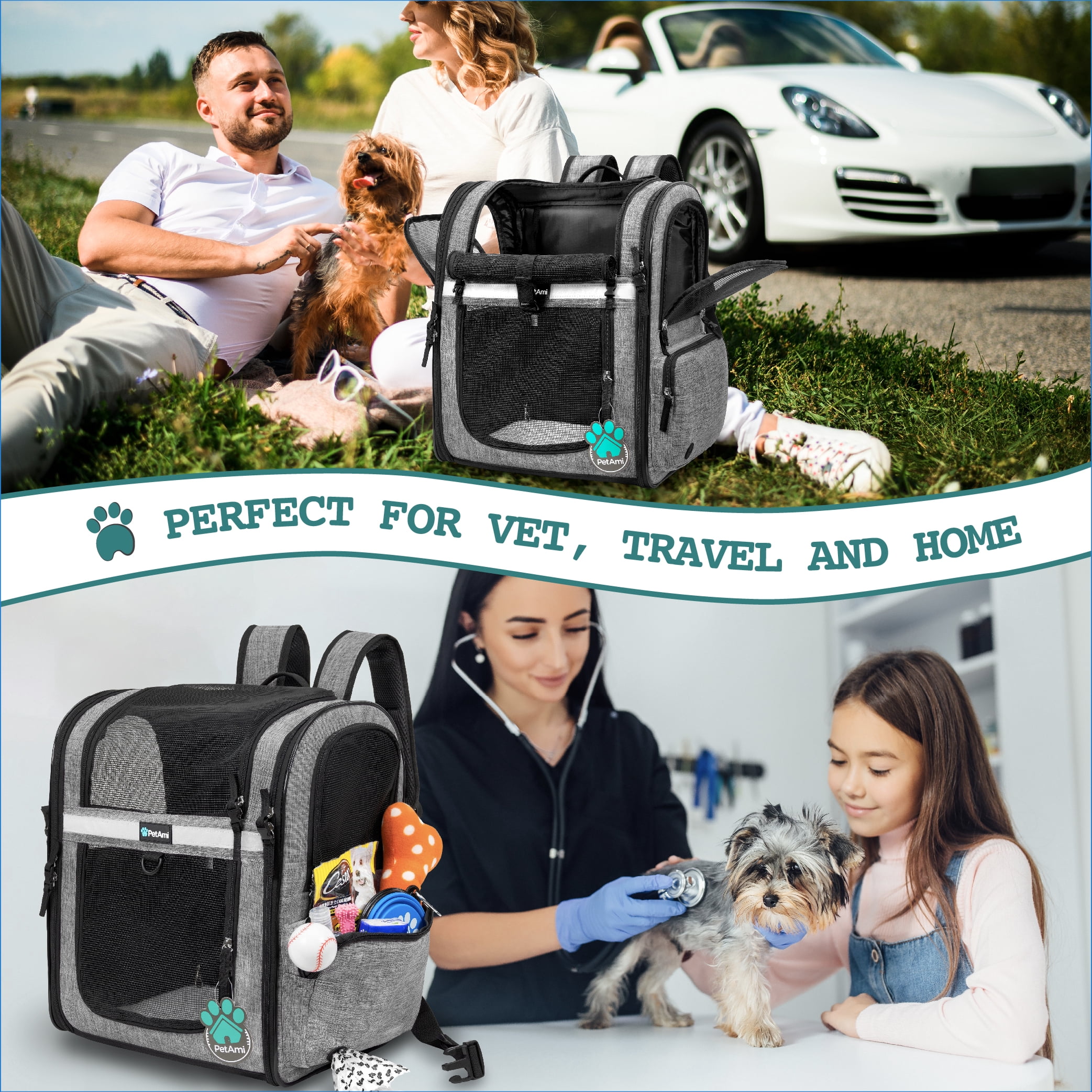 PetAmi Dog Backpack Carrier For Small Large Cat, Pet, Puppies, Ventilated Pet Hiking Backpack Travel Bag, Airline Approved Cat Backpack Carrier, Safety Back Support, Camping Biking, Max 18 lbs, Grey