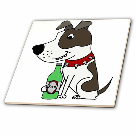 3dRose, Amusing Cute Grey and white Pit bull dog drinking Beer, 4 Inch Ceramic Tile