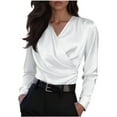 thumbnail image 2 of LEKWK Blouses for Women Dressy Casual Satin Silk Texture V Neck Work Tops Business Casual Tops Wrap Front Side Button Ruched Office Outfits, 2 of 7
