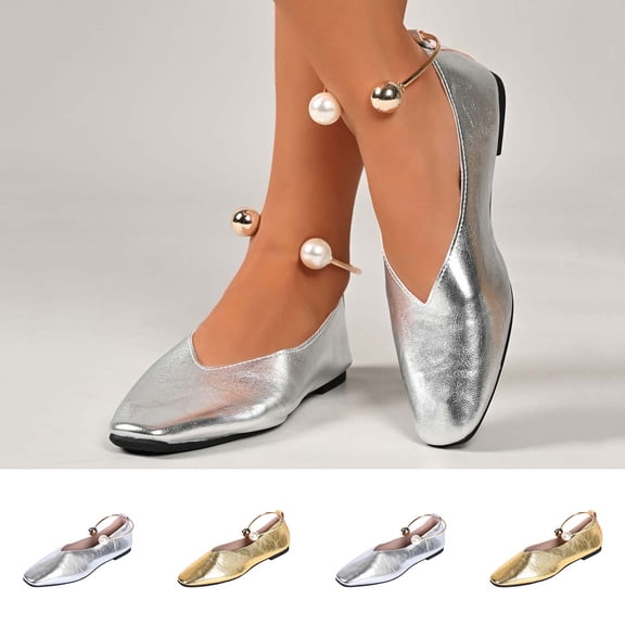 Miluxas Flats for Women Closed Square Toe Mary Jane Ballet Flat Comfortable Dress Shoes Silver 9(42)