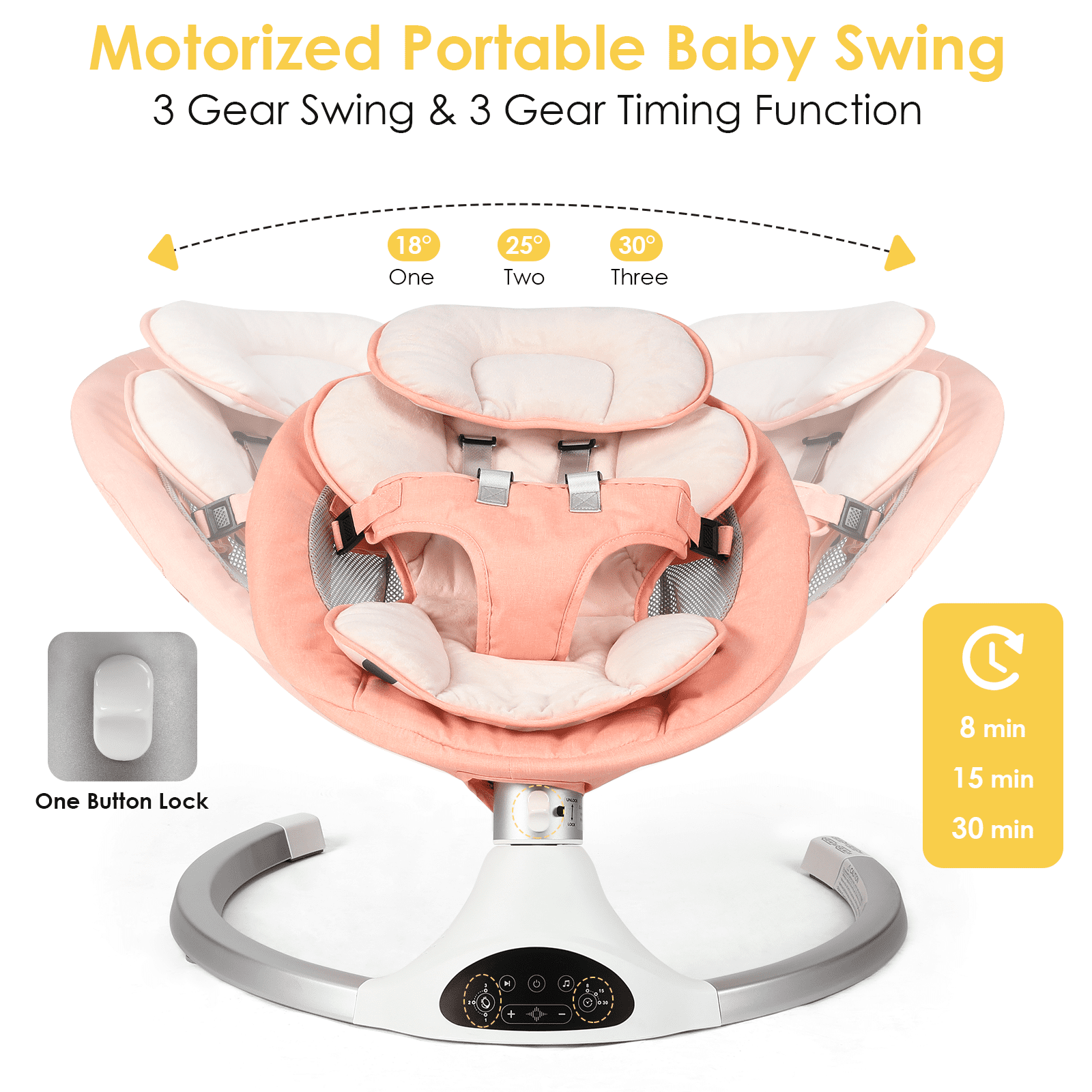 Baby Swing for Infants - Electric Indoor Baby Rocker 3 Speeds and 10 Lullabies, Portable, Touch Screen & Remote Control, Bluetooth, Pink