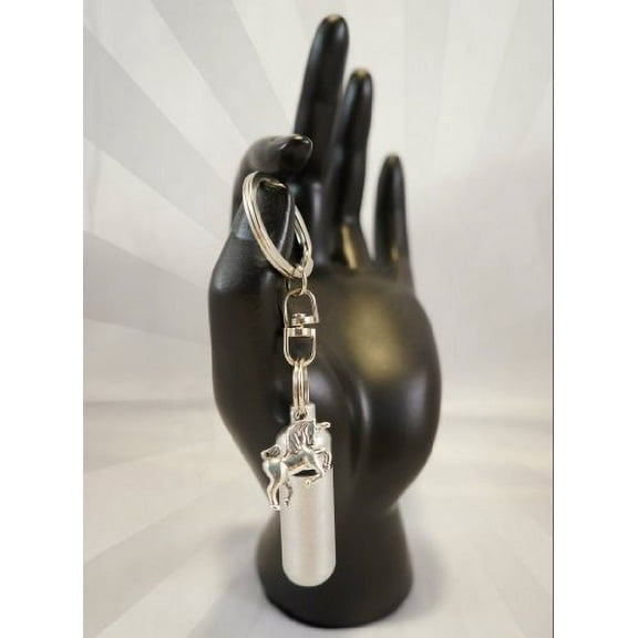 Engraved Brushed Silver Cremation Urn with UNICORN on Swivel Stainless Steel Keychain - Includes Velvet Pouch and Fill Kit